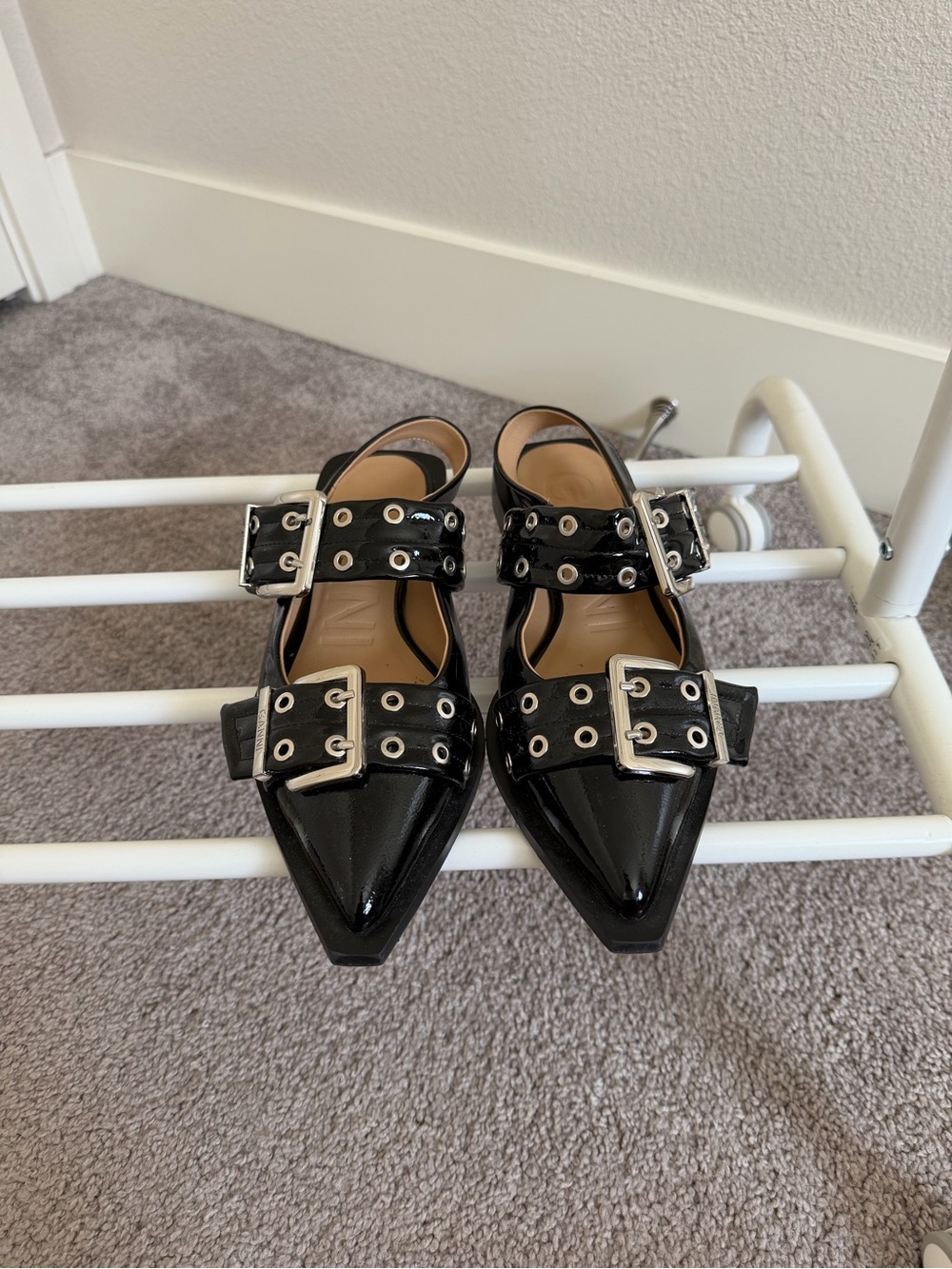 Ganni Black Patent Pointed Buckle Flats